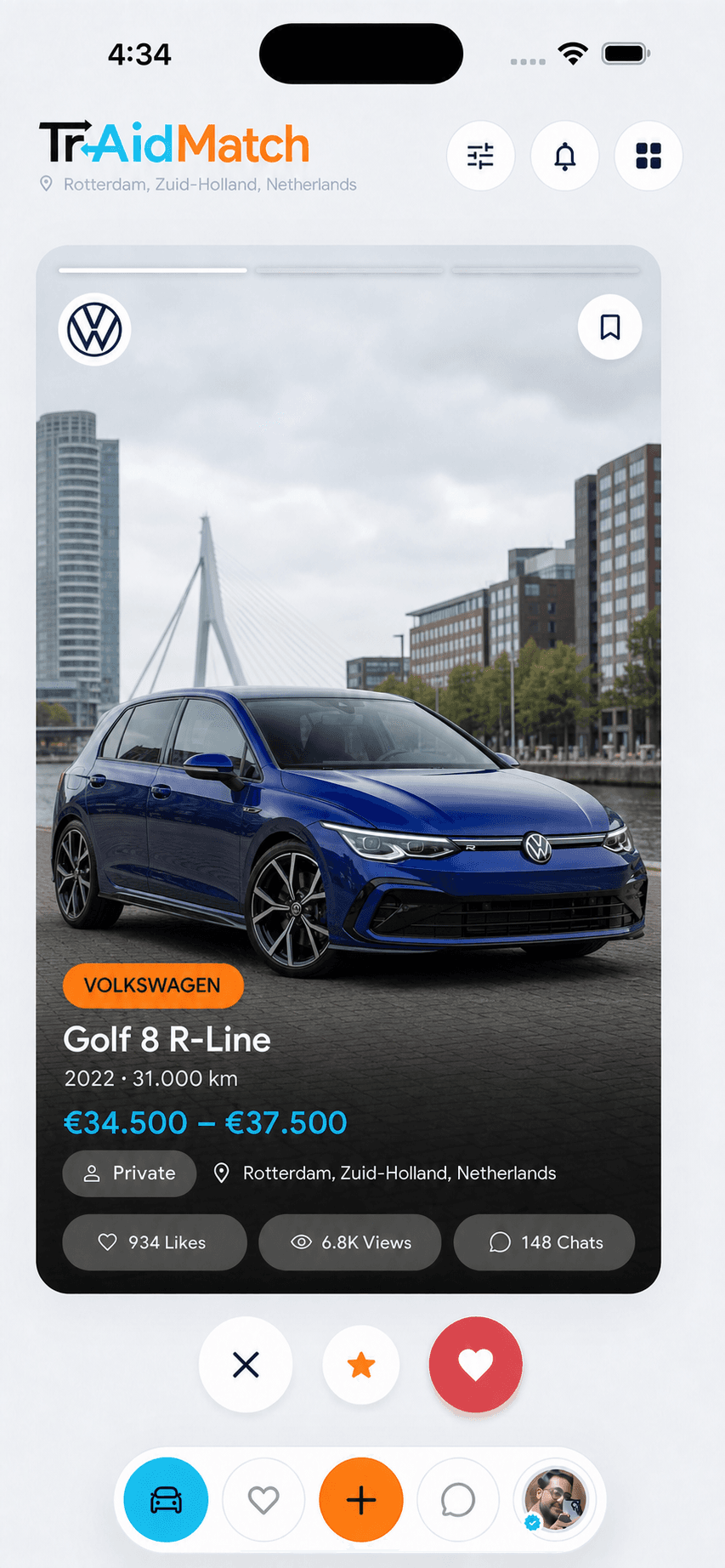 TraidMatch mobile app showing a Volkswagen Golf 8 R-Line listing in Rotterdam