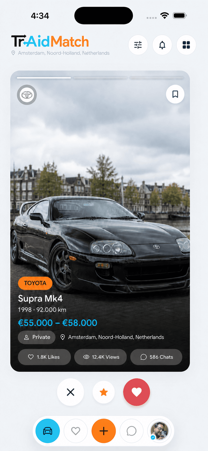 TraidMatch mobile app showing a Toyota Supra Mk4 listing in Amsterdam